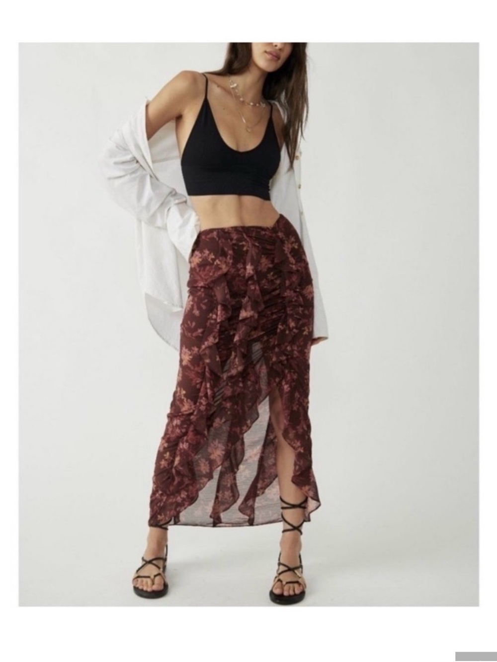 Free People Flounce Around Ruffle Floral Brown Midi Skirt